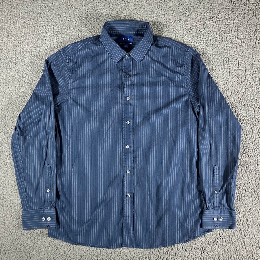 Apt 9 Premier Flex Slim Fit Mens Large Navy Blue Pinstripe Button Down Shirt